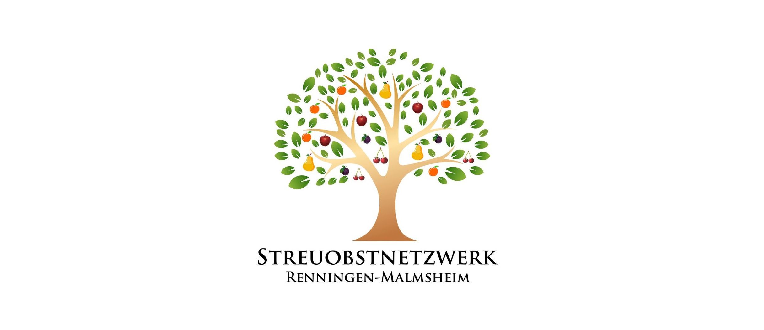 Die Grafik zeigt einen gemalten Baum, auf dem verschiedene Früchte wachsen, untertitelt mit „Streuobstnetzwerk Renningen-Malmsheim“.