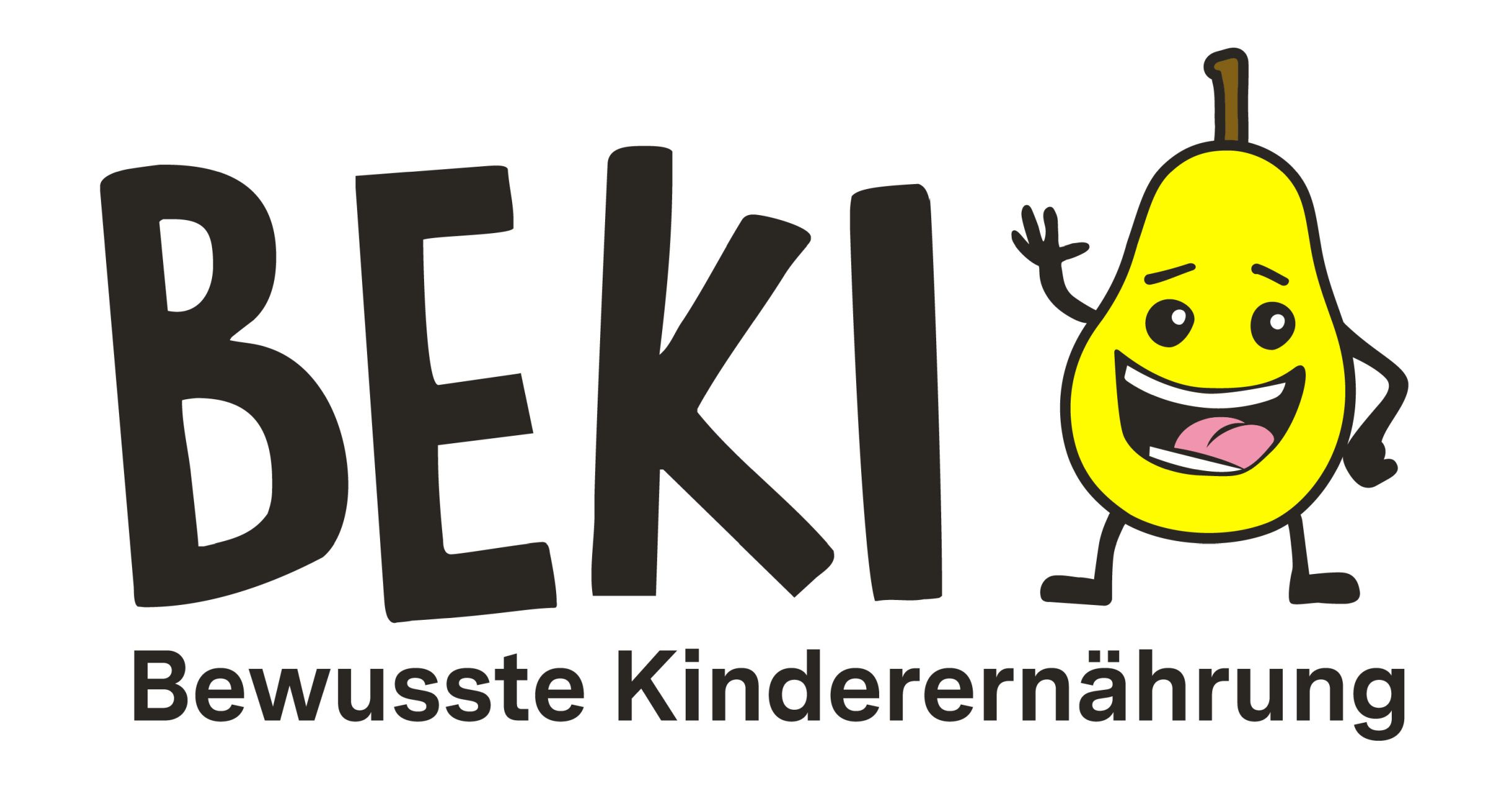 Neben dem BEKI-Schriftzug ist eine gelbe, lachende Birne abgebildet. Darunter steht der Schriftzug „Bewusste Kinderernährung“.