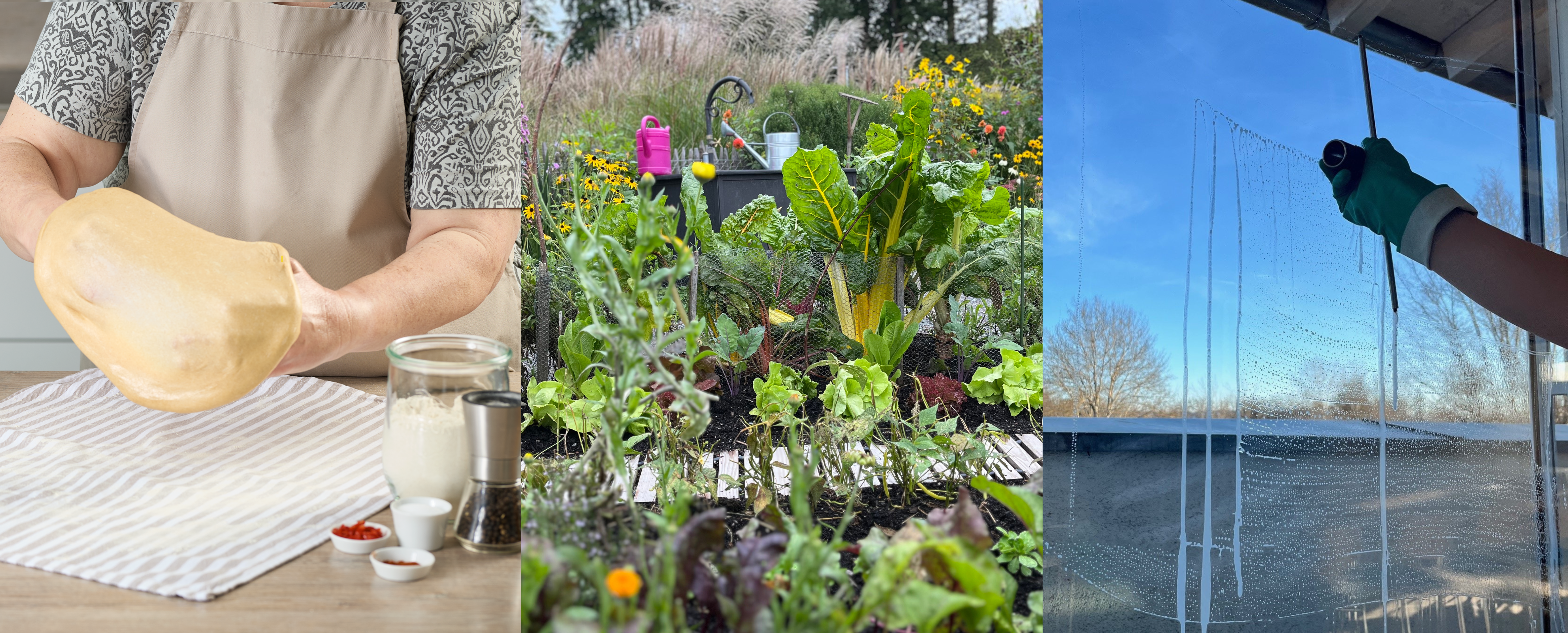 Collage aus drei Bildern: Links ein Ölteig, der geknetet wird, in der Mitte ein Gemüsegarten, rechts ein Fenster, das geputzt wird.