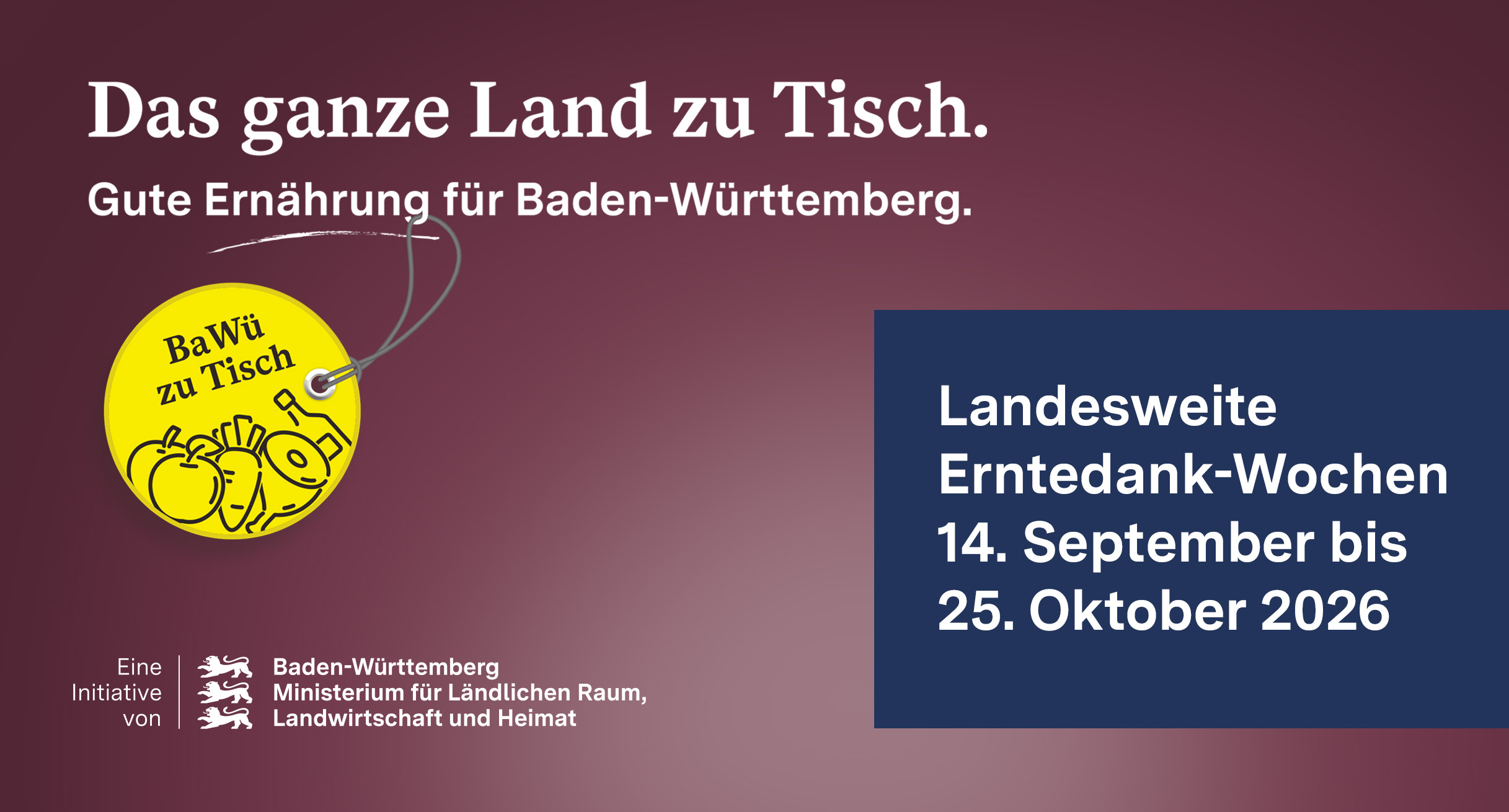 Auf einem dunkelroten Hintergrund werden die landesweiten Erntedank-Wochen angekündigt.