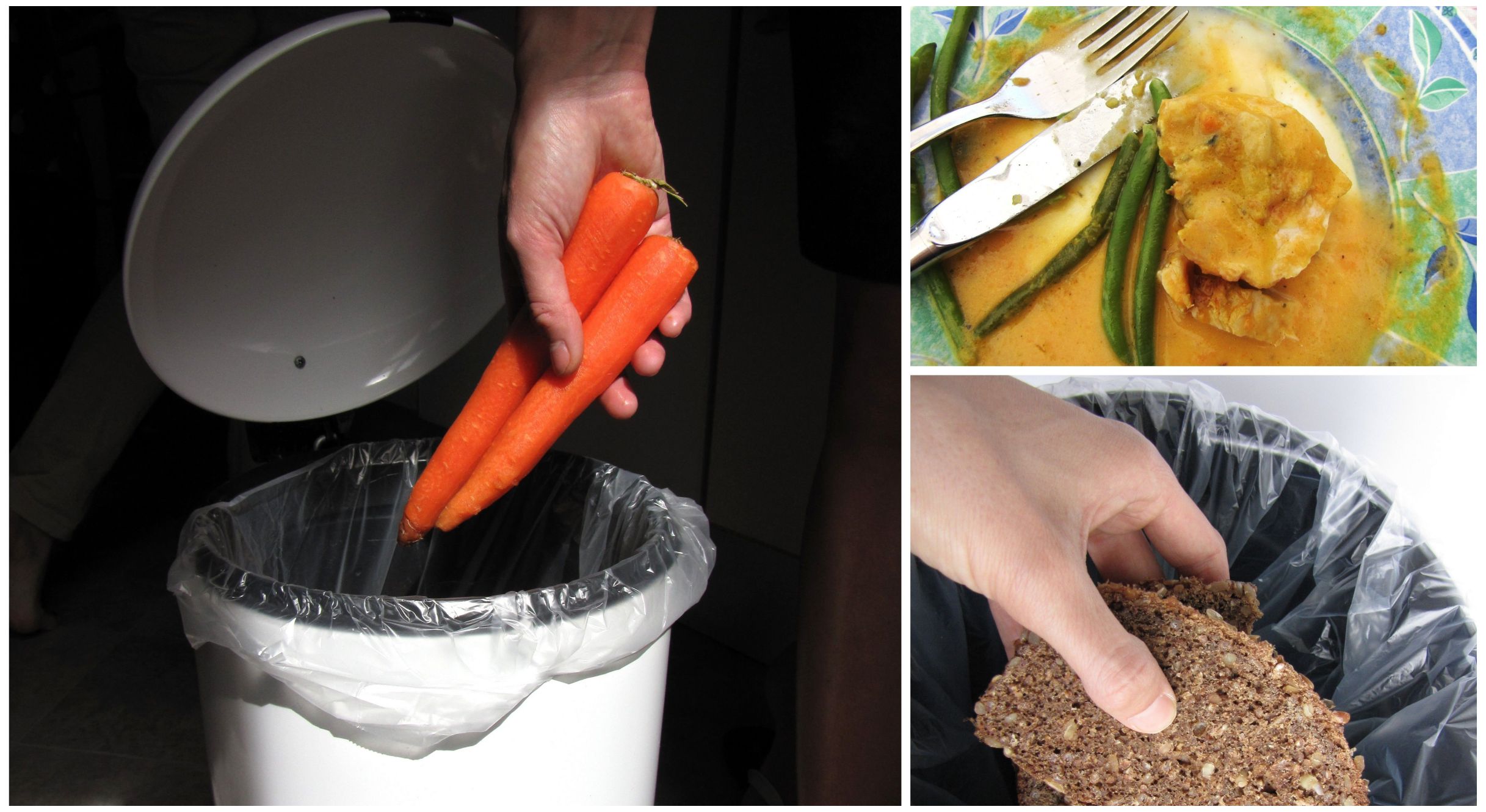 In der Bildcollage aus drei Bildern werden Möhren, eine Brotscheibe und Tellerreste weggeworfen.